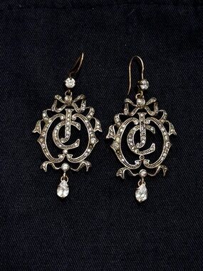 Juicy Couture Vintage Drop Earrings Gold Tone Crystal Chandelier Ornate Logo